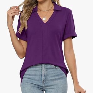 Chic Purple V-Neck Short Sleeve Polo Shirt